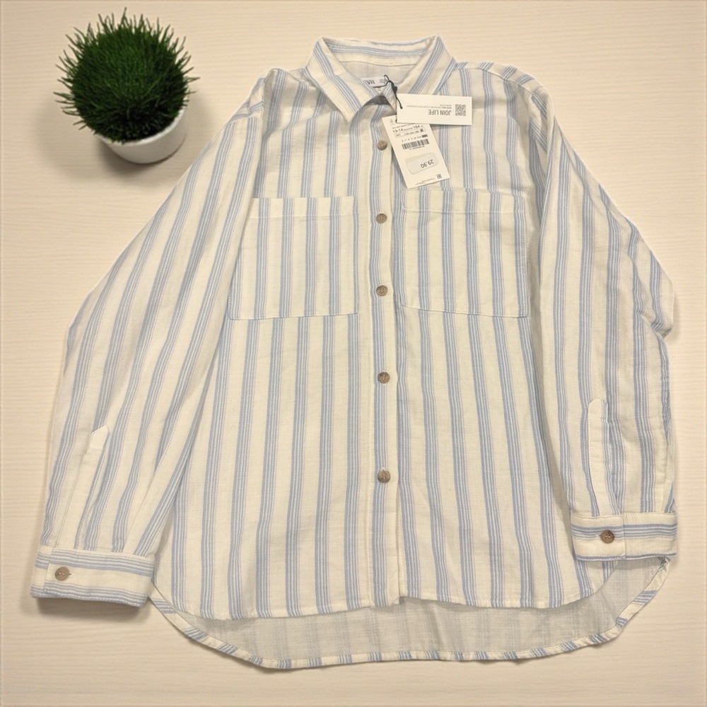 Zara Kids Blue and White Striped Button-Down Shirt